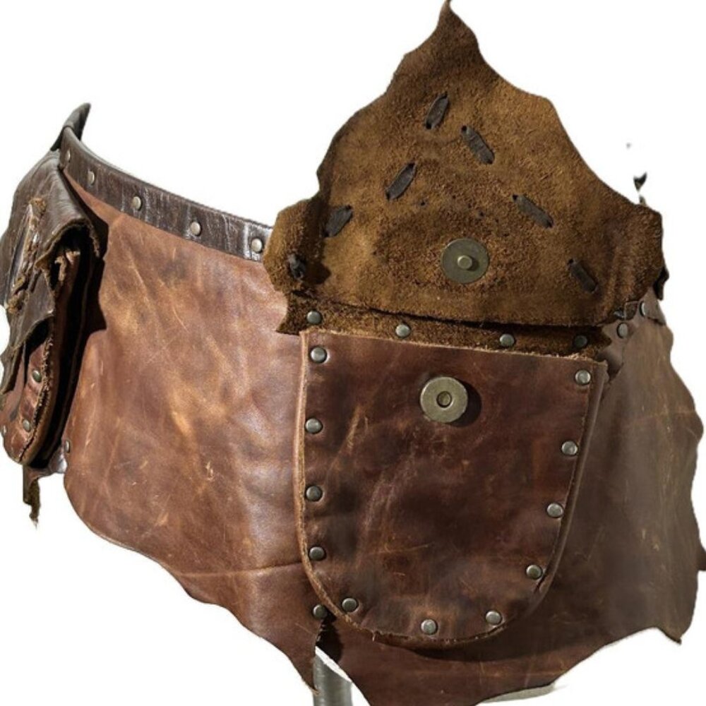 Brown Leather Small Saddle Bag Western Hip Bag Patchwork Riveted Belt Medium - Picture 5 of 10